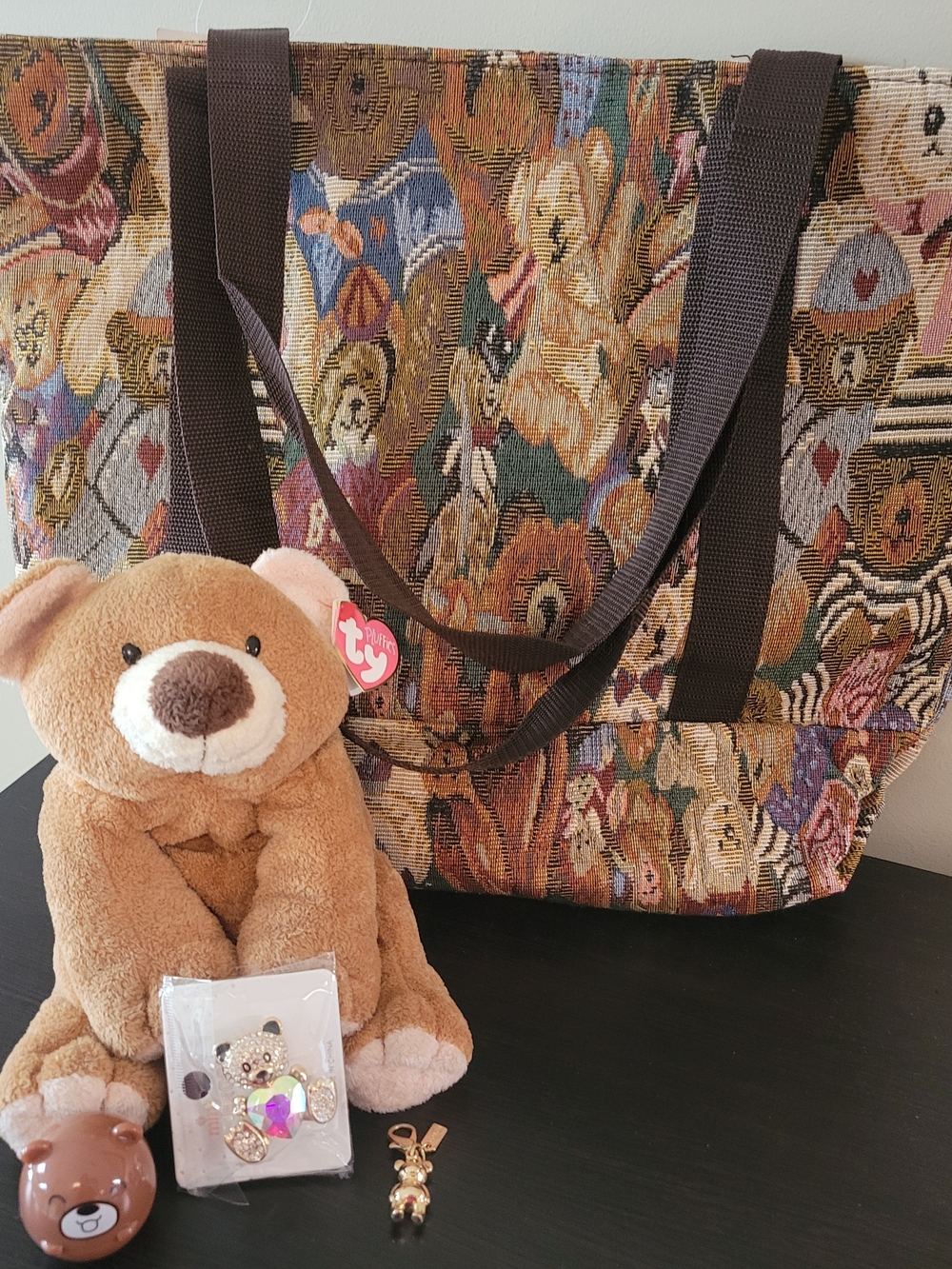 Bear Bundle Of Tapestry Tote, Ty Beanie, Bear Charm, Bear Pin, And Lip Gloss
